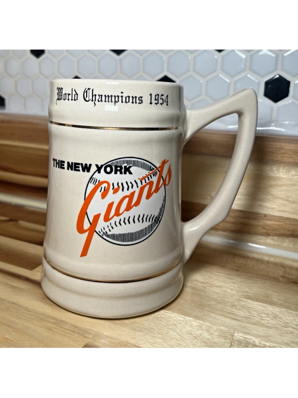 New York Giants World Champions 1954 Ceramic Beer Stein - Cream and Orange